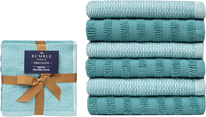 Bumble Premium Dish Cloths 13"x13" (6 Pack) | 100% Natural Ring Spun Cotton | 400 GSM | Highly Absorbent & Soft |Yarn Dyed & Solid Dyed Terry Dish Cloth Set - Aqua