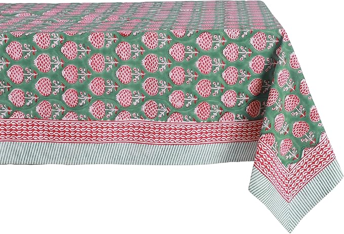 ATOSII Roma Green 100% Cotton Spring Summer Tablecloth, Handblock Print Rectangle Table Cover for Kitchen Dining Linen I Parties, Outdoors, Wedding, Easter Table Cloth I 72 X 108 Inches I 8 Seater
