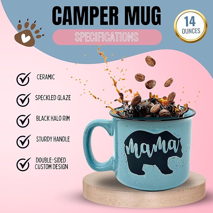 Mama Bear Ceramic Coffee Mug for Mom, Wife, Women – Unique Teal Ceramic Mug – Fun Gifts for Her on Mother’s Day, Birthday, or Christmas – Cute Coffee Cup for Moms, Wives, and Coffee-Loving Women