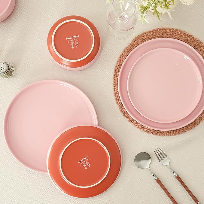 24 Piece Dinnerware Set, Dual Glaze Stoneware Plates and Bowls Sets, Modern Dinner Plate, Salad Plate, Cereal Bowl, Dish Set for 8, Microwave and Dishwasher Safe, Pink
