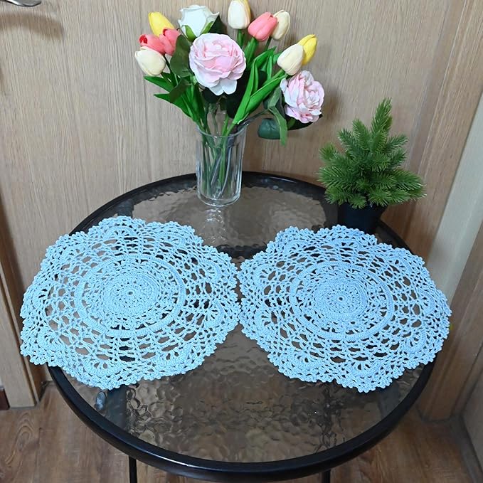 BIBITIME 2PCS Lace Table Doilies Kitchen Placemats Round Handmade Crochet Flower Cup Mug Mat Doily (Light Blue, 13 inches to 14 inches,2PCS)