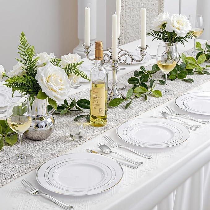 350Piece Silver Plastic Dinnerware Set for 50 Guests - Silver Plastic Plates with Cutlery Include:50Dinner Plates-50Dessert Plates-50Pre Rolled Napkins with Silverware Valentine's Day