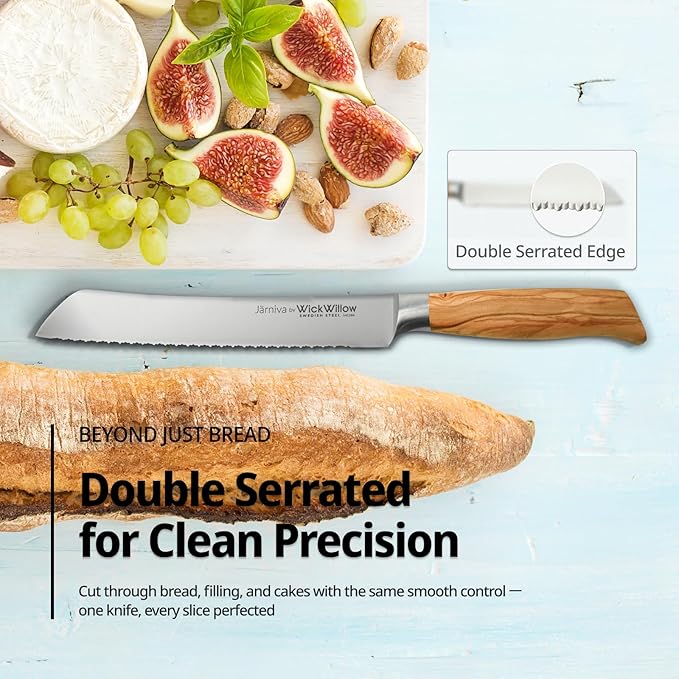 8 Inch Bread Knife – Double Serrated Swedish Steel Sourdough Knife with Italian Olive Wood Handle – Premium Serrated Knife for Homemade Bread, Pastries & Gifts for Home Bakers
