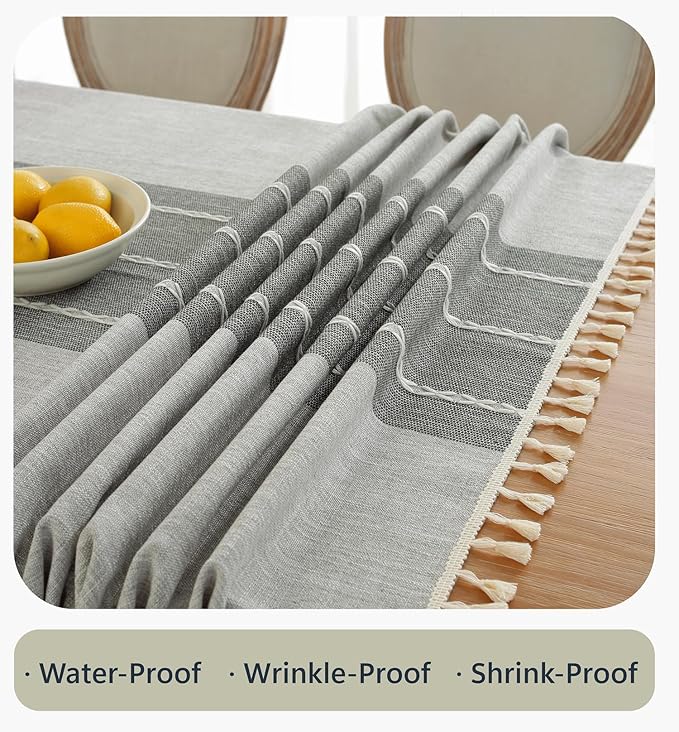 Alsoo Waterproof Rectangle Tablecloth Rustic Table Cloth Cotton Linen Wrinkle Free Tablecloths for Kitchen Dining, Party, Holiday, Christmas, Grey Lines (8-10 Seats, 55"x106")