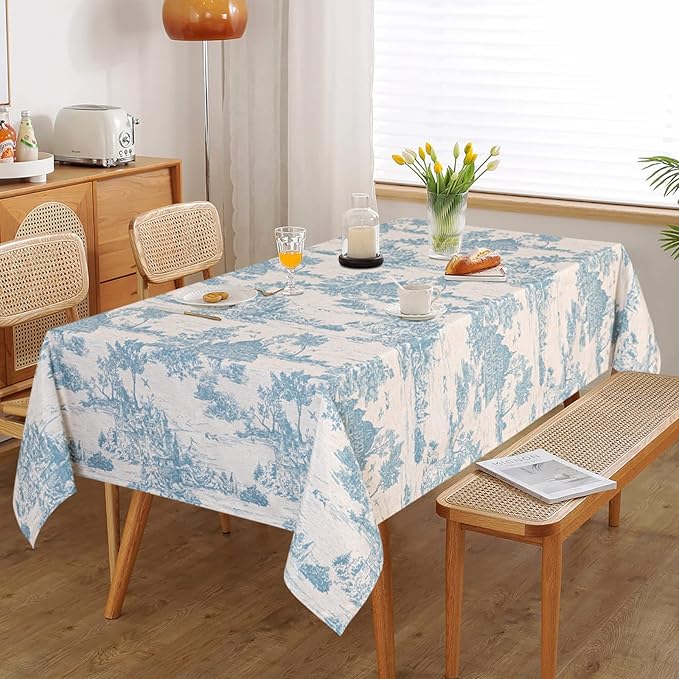 MYSKY HOME Linen Vintage Rectangle Tablecloth 60x102 Inches, Blue Castle Print Table Cloth for Dining Table I Tabletop I Parties/Outdoor I Spring/Summer Waterproof Fabric Farmhouse Tablecloth