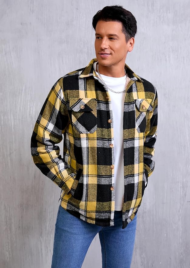 Men's Cotton Sherpa Lined Button Down Flannel Shirt Jacket Plaid Soft Outdoor Flannel Jacket Shirt