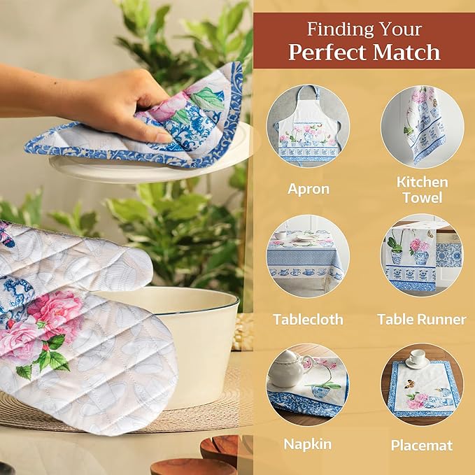 Maison d' Hermine Pot Holders Set 100% Cotton Heat Resistant Potholders 8" x 8" Hot Pads with Loop BBQ, Cooking, Baking, Grilling, Kitchen, Handling Hot Pans Spring/Summer (Pack of 2, Canton)