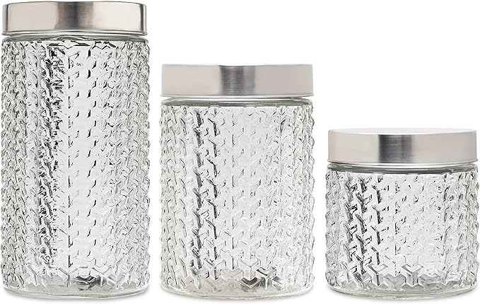 Style Setter Round Canister Set 3-Piece Glass Jars in 30, 44 and 59 ounces Chic Retro Design with Airtight Stainless Steel Lids for Cookies, Candy, Coffee, Sugar, Rice, Pasta, Cereal and More Weave