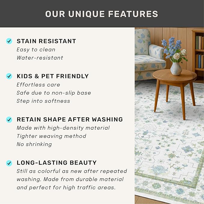 Oriental 10x14 Rug Living Room - Washable Oushak Boho Extra Large for Bedroom Non Slip Soft Faux Wool Carpet for Dining Room Playroom - Cream Blue and Green Floral Rug