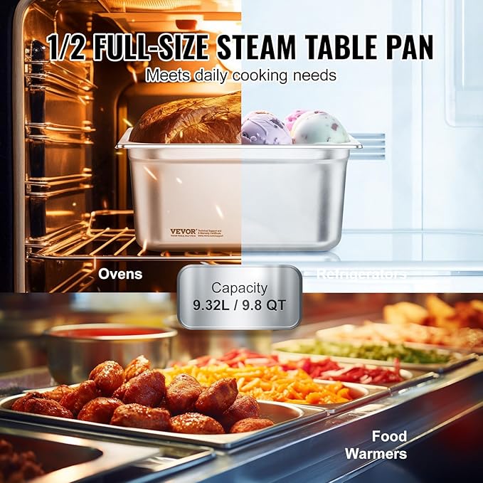 VEVOR 6 Pack Stainless Steel Hotel Pans - 1/2 Size 6-Inch Deep 0.8mm Thick Anti-Jam Commercial Food Pans for Steam Tables, Restaurants, Catering & Industrial Use