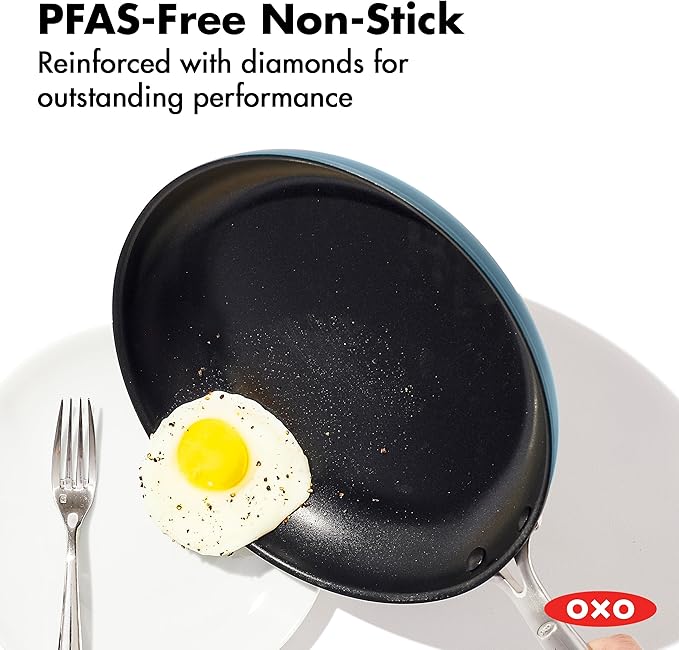 OXO Enhanced 12” Nonstick Frying Pan Skillet, Ceramic PFAS-Free Cookware, Durable Hard Anodized, Scratch Resistant, Stainless Steel Handle, Eggs & Omelets, Dishwasher & Oven Safe, Storm Blue