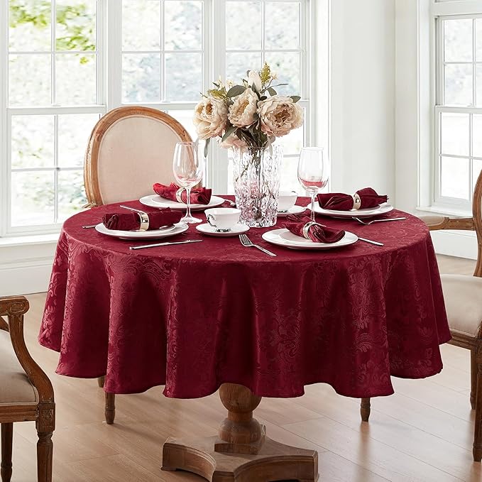 Elrene Home Fashions Caiden Elegance Damask Waterproof, Stain & Wrinkle Resistant Fabric Tablecloth, 70" Round, Cranberry