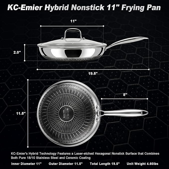 11 Inch Non-Stick Frying Pan with Lid Tri-Ply Stainless Steel Pan with Stay-Cool Handle Oven & Dishwasher Safe For Induction, Ceramic & Gas Stovetops
