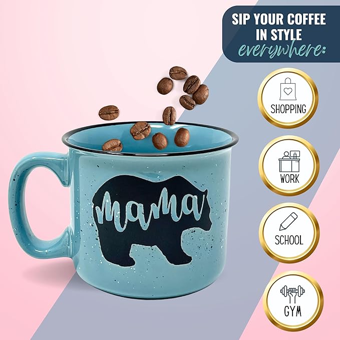 Mama Bear Ceramic Coffee Mug for Mom, Wife, Women – Unique Teal Ceramic Mug – Fun Gifts for Her on Mother’s Day, Birthday, or Christmas – Cute Coffee Cup for Moms, Wives, and Coffee-Loving Women