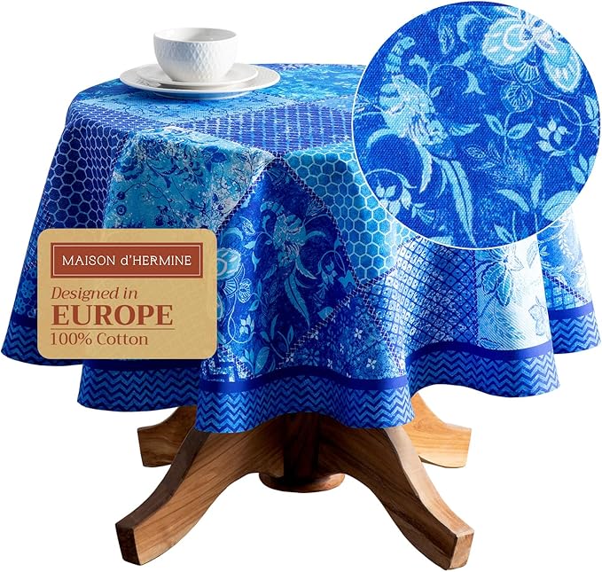 Maison d' Hermine Table Cloth Round Table 100% Cotton 63 Round Inches Tablecloth Reusable Decorative for Dining Room Farmhouse Home Valentines Day Decorations Spring Summer - Indigo Love