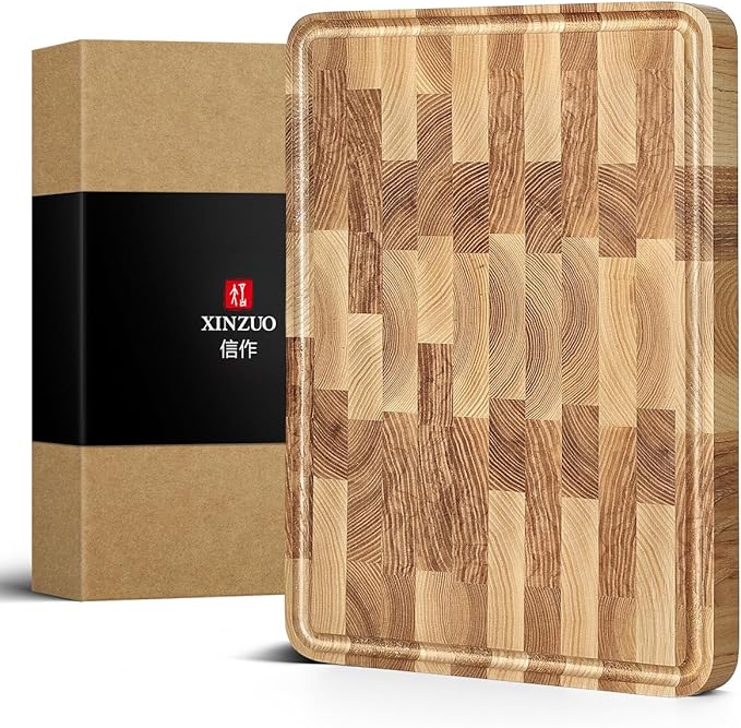 XINZUO Ash Wood Cutting Board for Kitchen, (13.8''L x 9.8''W x 1''T)-End Grain Wood Cutting Board for Meat-Chopping Boards with Slip Feet, Side Handles,Juice Groove