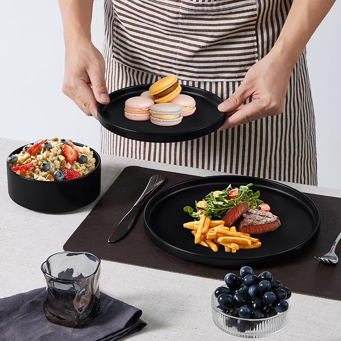 E-far Black Dinnerware Sets with Pasta Bowls, 24-Piece Stoneware Plates and Bowls Sets for 6 | Microwave & Dishwasher Safe Kitchen Modern Dish Set, Matte Black