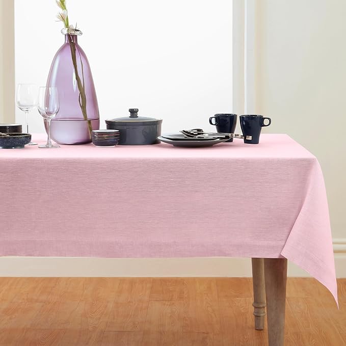 Solino Home Linen Tablecloth 60 x 108 Inch - 100% Pure Linen Bubblegum Pink Table Cloth for Rectangle Tables - Athena, Machine Washable Tablecloth for Valentines, Spring, Easter