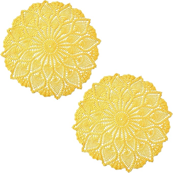 BIBITIME 2 PCS 16 inches to 17.5 inches Lace Placemats Table Doilies Round Handmade Crochet Doily Kitchen Coffee Cup Mug Mats Dinner Place Mats Yellow Coasters