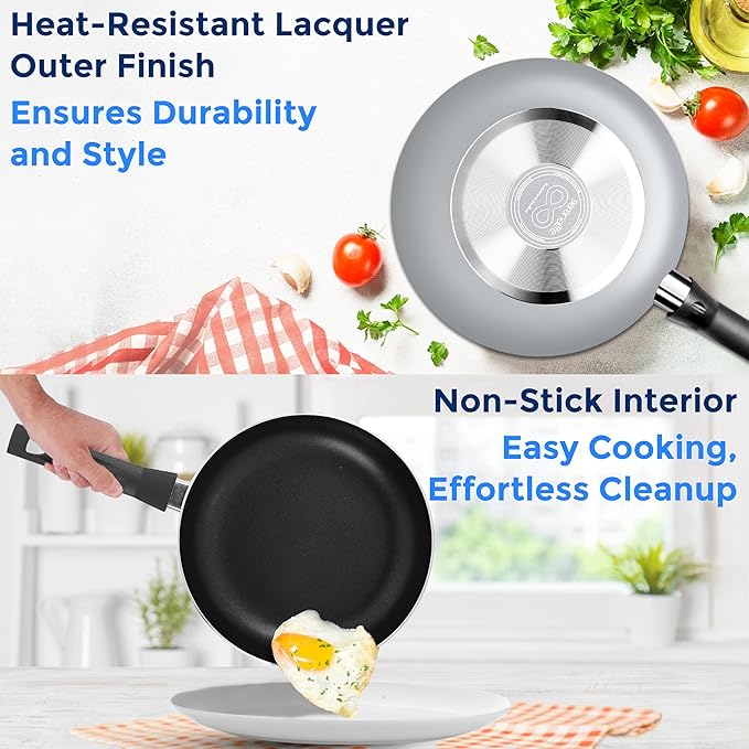 SereneLife Kitchenware Pots and Pans Set, Basic Kitchen Nonstick Cookware Set, Heat Resistant Lacquer (6-Piece Set), One Size, Gray