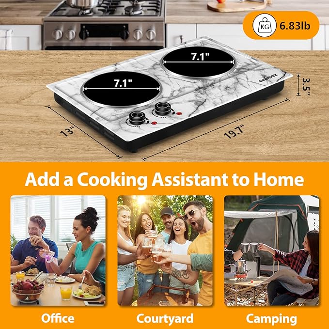 CUSIMAX Hot Plate, 1800W Double Burner Electric Hot Plate for Cooking, Dual Control Portable Infrared Stove Countertop Cooktop, Heat-up in Seconds, Stainless Steel White Marble