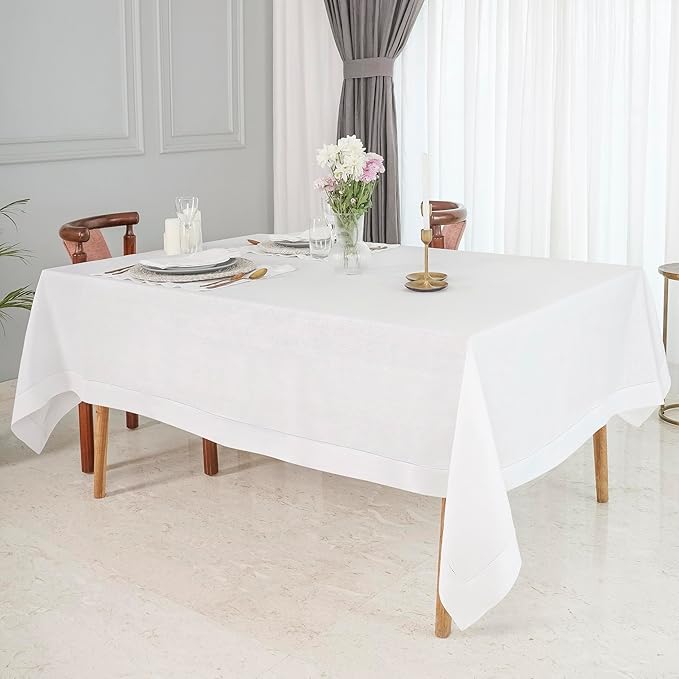 D'Moksha Homes White Linen Tablecloth for Rectangle Tables 60 x 140 Inch - Classic Hemstitch 100% Pure Linen White Tablecloth - Machine Washable Cloth Table Cloth for Valentines, Spring, Easter