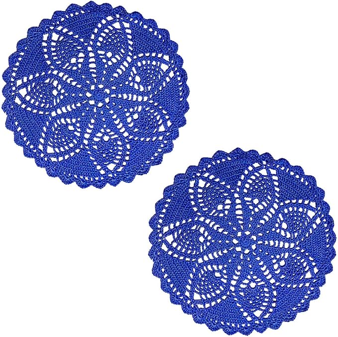 BIBITIME Pineapple Flower Lace Doilies Handmade Crochet Placemats Table Coasters Vintage Wedding Party Decor (Blue, 11 to 12 inches-2PCS)
