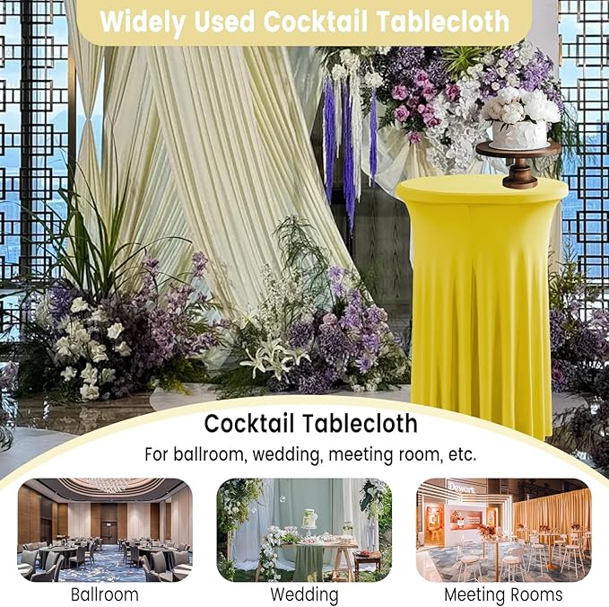 Qubjus 2 Pack Cocktail Tablecloths Stretch Table Skirt - 32x43 inch Bar High Top Stylish and Elegant Cocktail Table Covers for Parties, Weddings, Holidays - Yellow