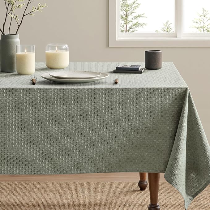MIULEE Olive Green Linen Cotton Table Cloth Rectangle Tablecloth Spring Waterproof Spillproof Cross-Star Textured Table Cloth Decorative Farmhouse Style for Dining Party Weddings 52x70 Inch