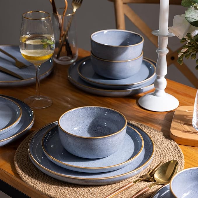 GBHOME Ceramic Dinnerware Sets for 4, 12 Pieces Stoneware Plates and Bowls Sets, Scratch Resistant Dishe Set for Dinner, Dishwasher & Microwave Safe, Brunnera Blue