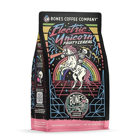 Bones Coffee Company Electric Unicorn, Fruity Cereal With Milk Flavored Coffee, Medium Roast Low Acid Arabica Beans Compatible with Auto drip and French Press Coffee Maker, 12 Oz Whole Bean