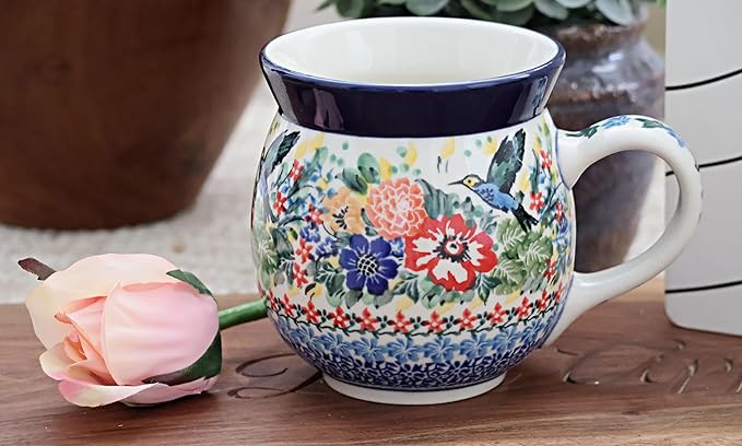 Blue Rose Polish Pottery - Red Hummingbird Bubble Mug - 16 oz - Unique Shape Mug for Coffee & Tea