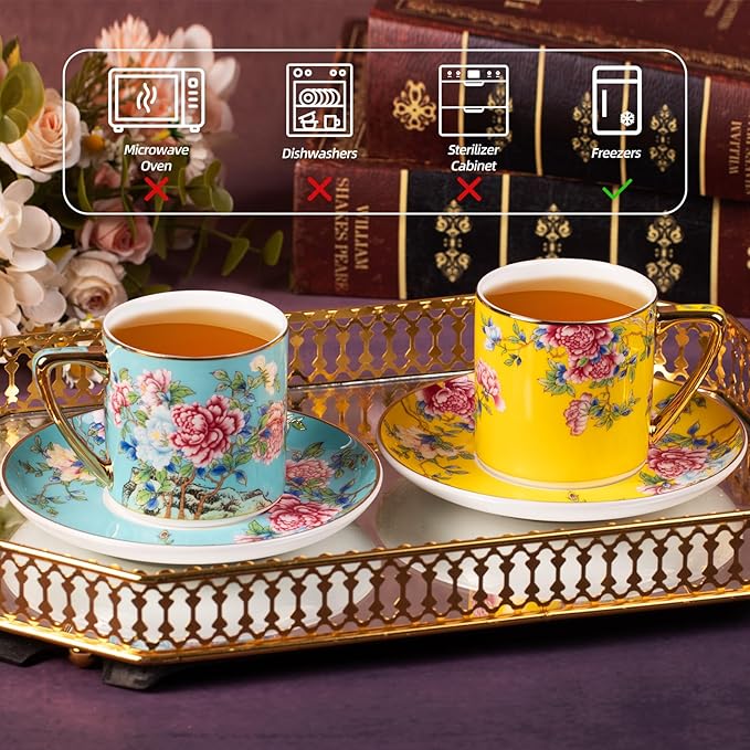 KAMMAK Tea Cups and Saucers Set of 2, Porcelain Coffee Cup with Saucer for Espresso, Cappuccino, 7.5oz Vintage Yellow and Blue Floral Ceramic Novelty Mug for Home, Tea Party, Office