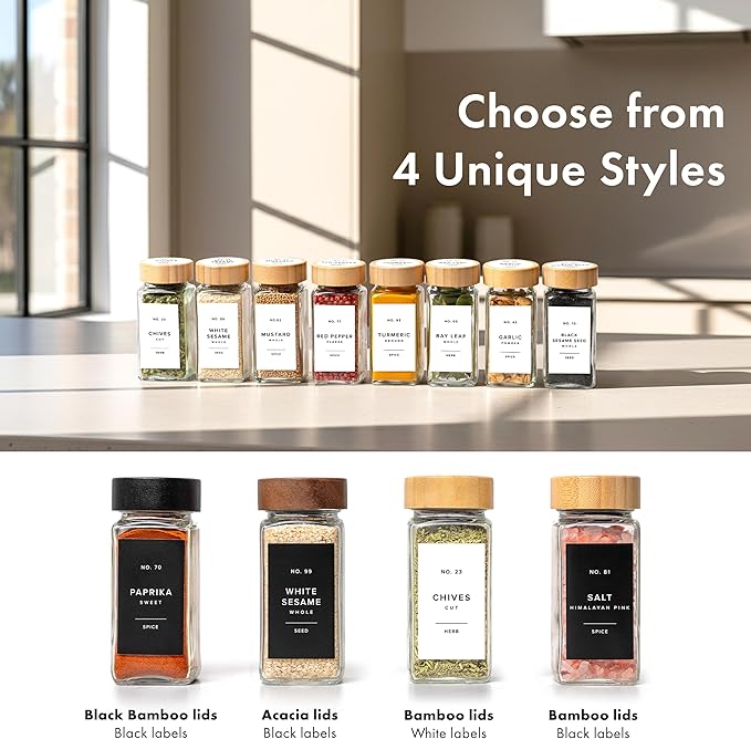 Square Spice Jars with Bamboo Wooden Lid (Pack of 24) Spice Jars with Shaker Insert and 240 Labels - Bamboo Lid Glass Container for Spice Organisation [4.3 in × 1.8 in]