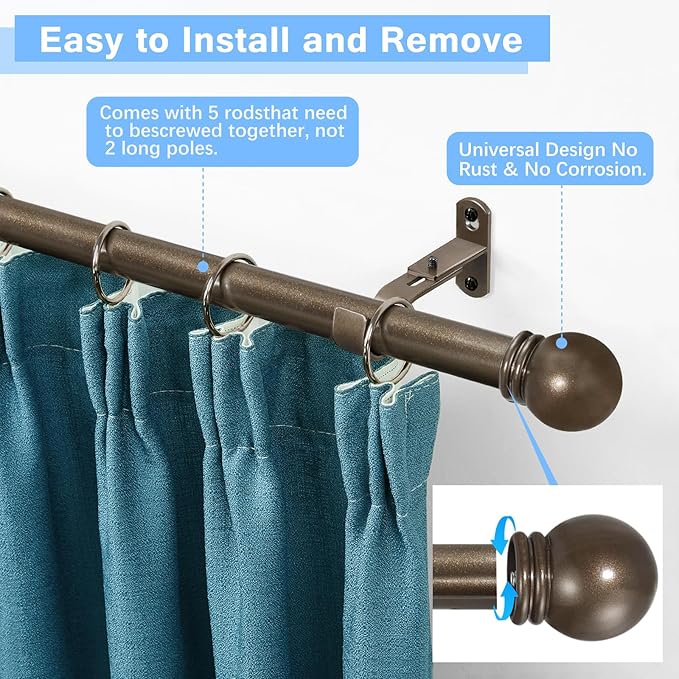 Curtain Rods for Windows 16 to 76 Inches, Curtain Rod Max Adjustable Length of 88 IN, 1" Diameter Drapery Rods Round Finials, Brown, Pack of 1