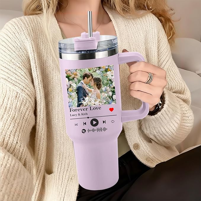 Ships Next Day Custom 40oz Tumbler with Picture&Name, Personalized Tumbler with Handle, Valentines Day Gifts for Him/Her, Girlfriend Boyfriend Gift for Birthday