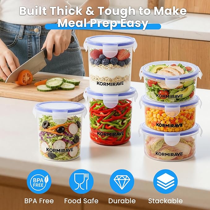 6 Pack Meal Prep Containers with Lids and Insulated Bag - Airtight Leak-Proof Plastic Food Storage for Soup/Lunch, BPA-Free Stackable, Freezer/Microwave/Dishwasher Safe (3×22oz, 3×23oz)