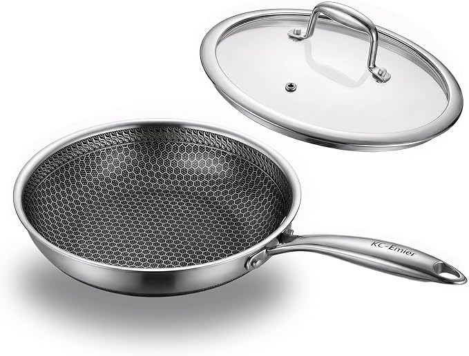 8 Inch Non-Stick Frying Pan with Lid Tri-Ply Stainless Steel Pan with Stay-Cool Handle Oven & Dishwasher Safe For Induction, Ceramic & Gas Stovetops