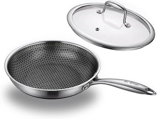 8 Inch Non-Stick Frying Pan with Lid Tri-Ply Stainless Steel Pan with Stay-Cool Handle Oven & Dishwasher Safe For Induction, Ceramic & Gas Stovetops