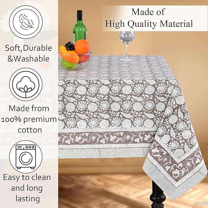 CPC Rustic Brown Tablecloth 100% Cotton 70x108 Inch Indian Block Print Rectangle Table Cover, Table Cloth for Gifting in Weddings, Halloween, Fall, Christmas, Thanksgiving