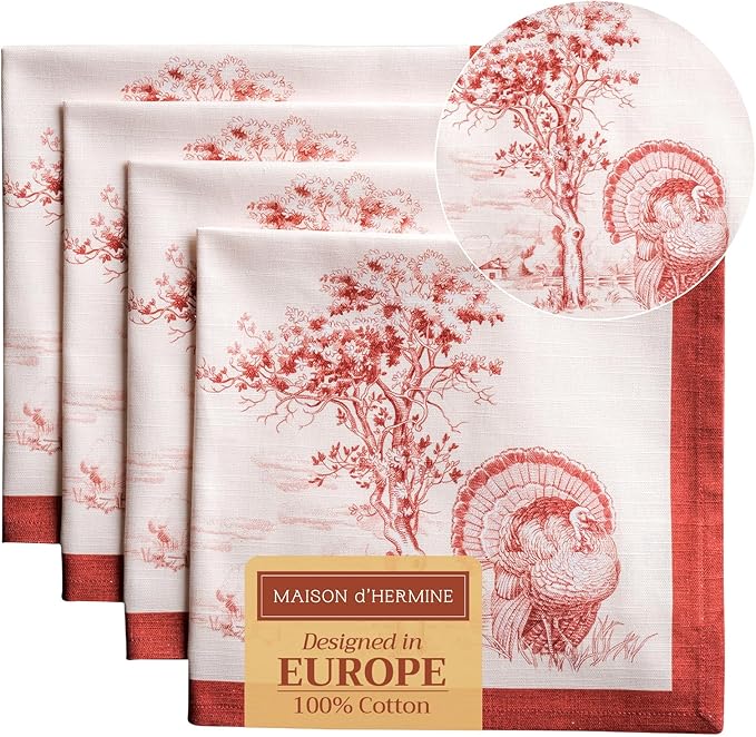 Maison d' Hermine Cloth Napkins Set of 4 100% Cotton for Thanksgiving Christmas Decorations Everyday Reusable Square Fall Napkins Cloth Washable Dinner Party (Holy Jouy - Red, 20"x20")