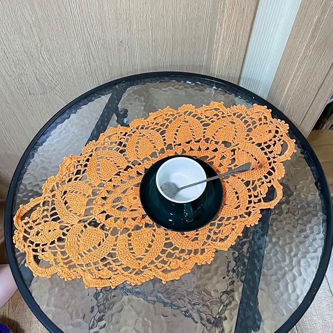 BIBITIME 2PCS 12 in x 22 in Lace Tablecloth Doily Handmade Crochet Placemat Women Vase Mat Kitchen Table Runner (Orange)