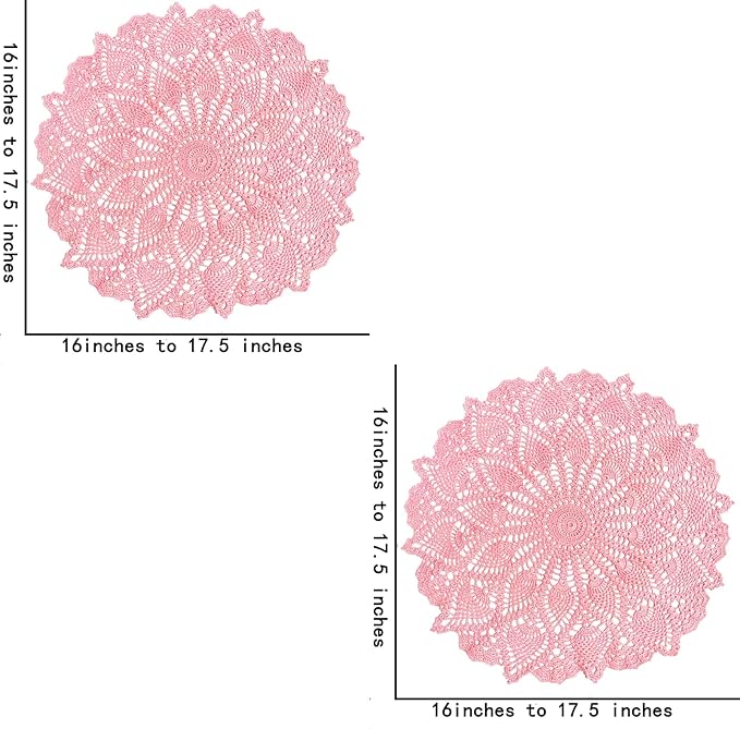 BIBITIME Lace Placemats Table Doilies Round Handmade Crochet Doily Kitchen Coffee Cup Mug Mats Dinner Place Mats (16 to 17.5 inches-2PCS, Pink)