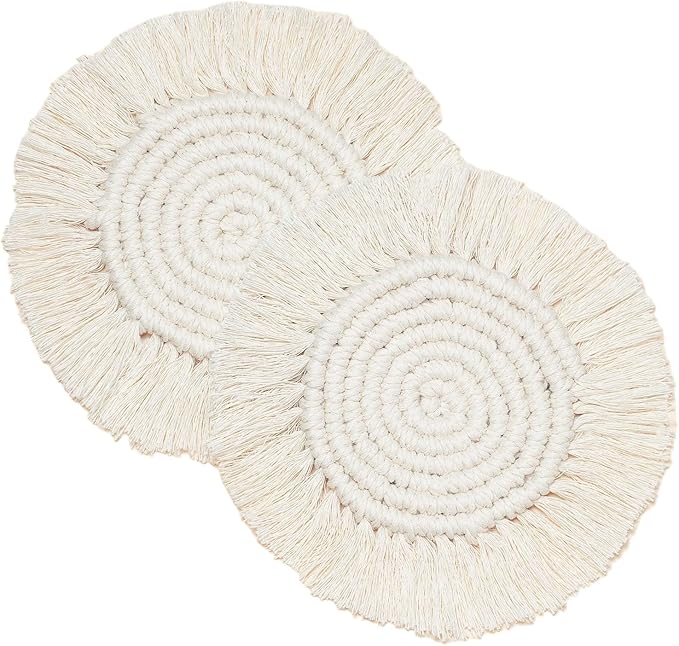 Boho Coasters Set of 2, Handmade Macrame Placemats for Housewarming Gift Home Decor Desk Table Kitchen Dining Room, Bar Drink Coaster for Mugs and Cups (Round, White)