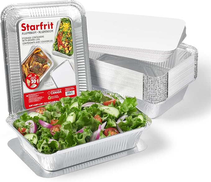 Starfrit 30-Pack Aluminum Storage Containers with Lids (8.5”x 6”) - 2.25 LB Capacity - Recyclable - Disposable - Oven & Freezer Safe - Perfect for Cooking, Meal Prep & Takeout