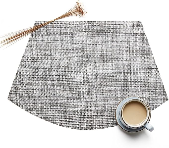 Round Oval PVC Table Placemats Wedge Shaped Dining Table Mats Non-Slip Heat Waterproof Indoor Outdoor Kitchen(San line Grey,6 pcs 45x30cm)
