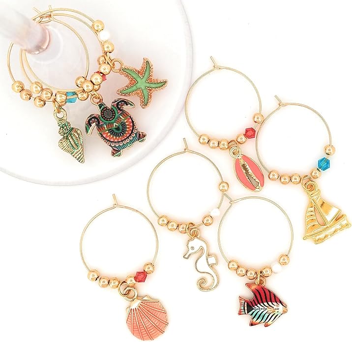 Beach Wine Charms, Beach Gifts, Nautical, Memorial Day, Independence Day Glass Tag Identifiers, Seashell, Starfish, Sea Turtle, and Fish, Party Favors and Party Supplies - 8 piece set By Pixie Wine Charms