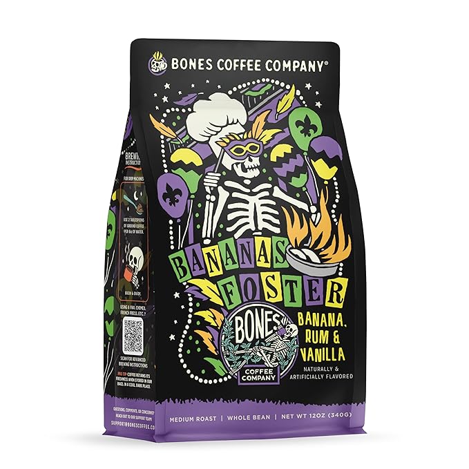 Bones Coffee Company Bananas Foster, Banana, Rum and Vanilla Flavored Coffee, Medium Roast Low Acid Arabica Beans Compatible with Auto drip and French Press Coffee Maker, 12 Oz Whole Bean