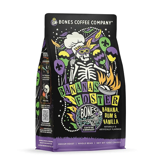 Bones Coffee Company Bananas Foster, Banana, Rum and Vanilla Flavored Coffee, Medium Roast Low Acid Arabica Beans Compatible with Auto drip and French Press Coffee Maker, 12 Oz Whole Bean