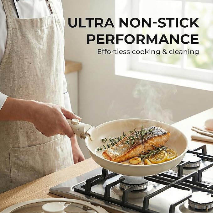 SUNHOUSE 5-Piece Ceramic Pot & Pan Set with Detachable Handle - Nonstick Cookware Set with Lid - PFOA, PFAS & PTFE-FREE, RV Cookware for camping, Dishwasher safe, Oven Safe